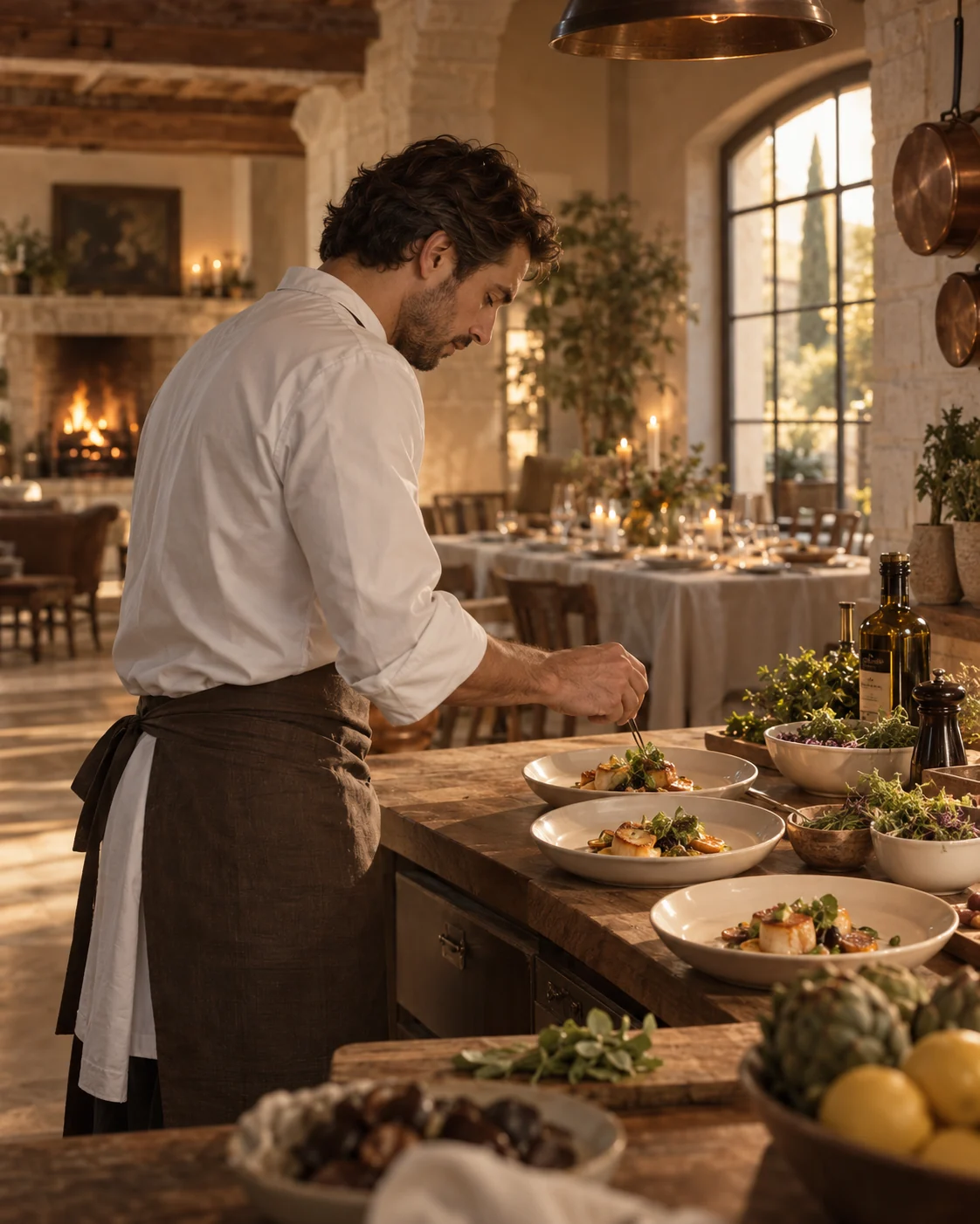 Chef à domicile dressant des assiettes dans une maison de campagne
