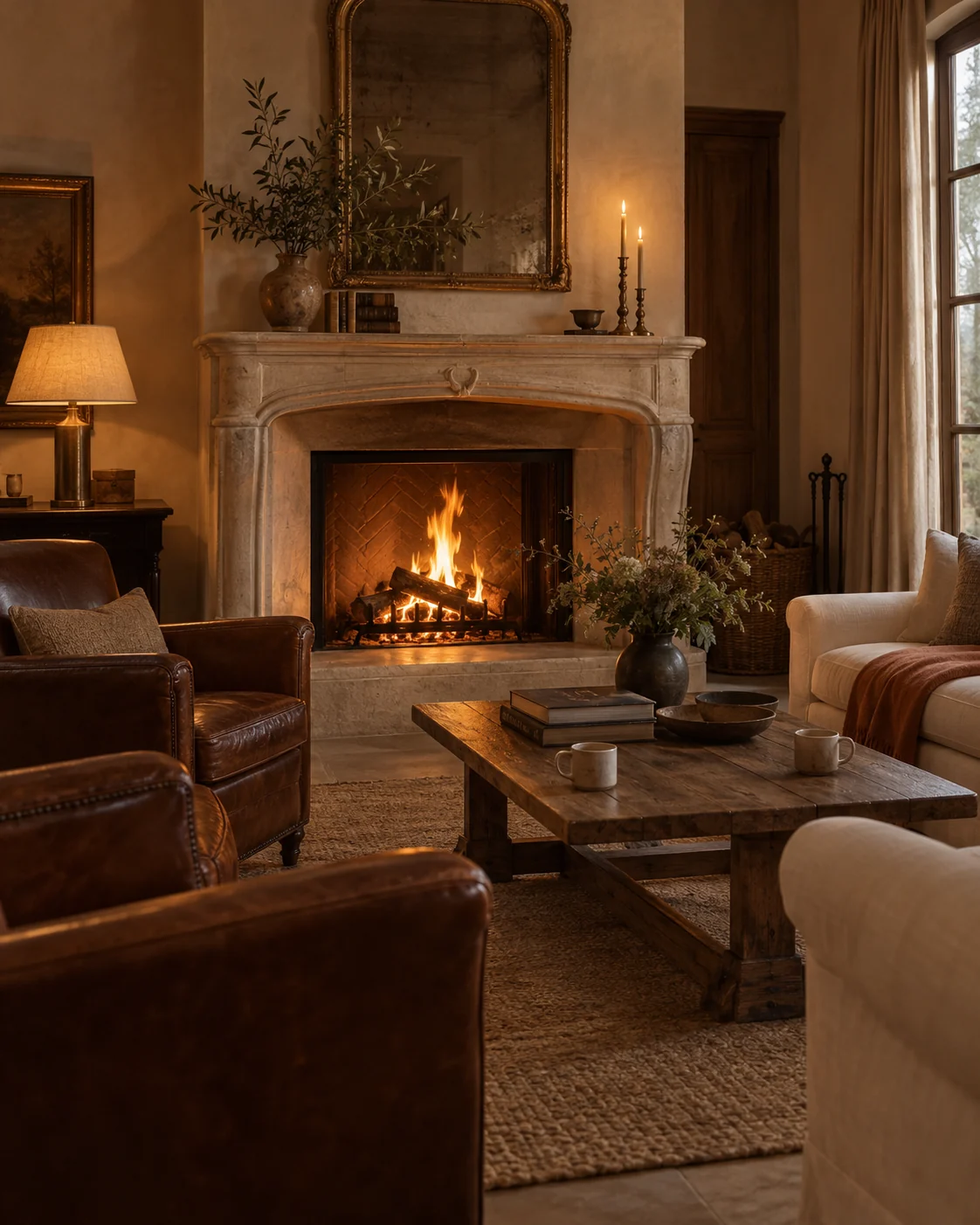 Salon de caractère, feu de cheminée et fauteuils en cuir tabac