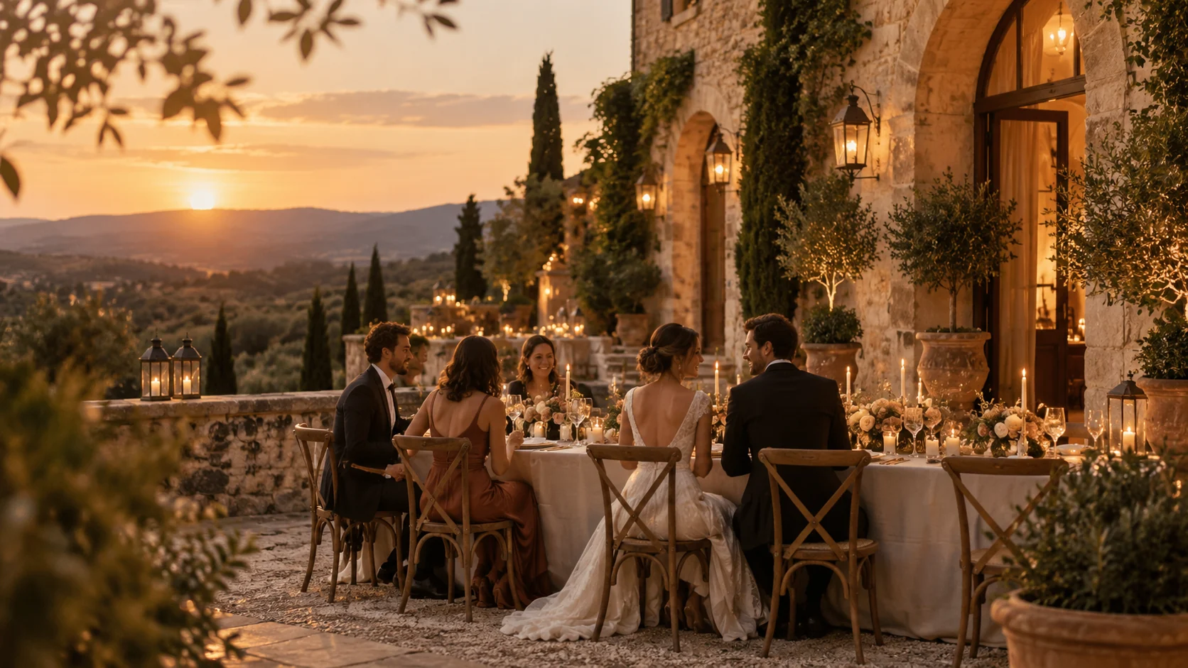 Réception de mariage sur une terrasse de pierre au coucher du soleil